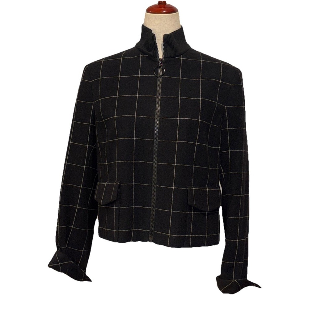 AKRIS Punto Black Windowpane 100% Wool Zip Jacket Women's‎ US 10
